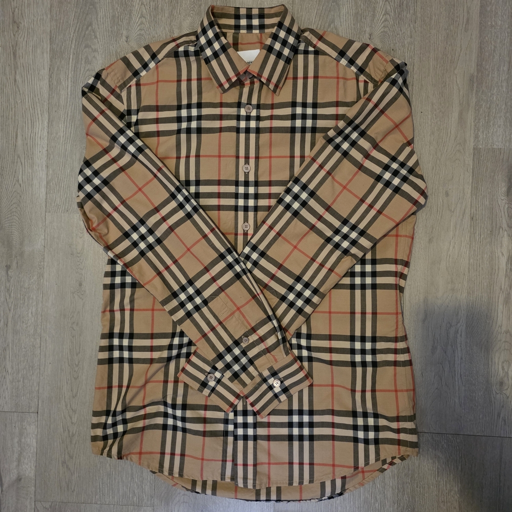 Burberry Tan and Black Checkered Dress Shirt